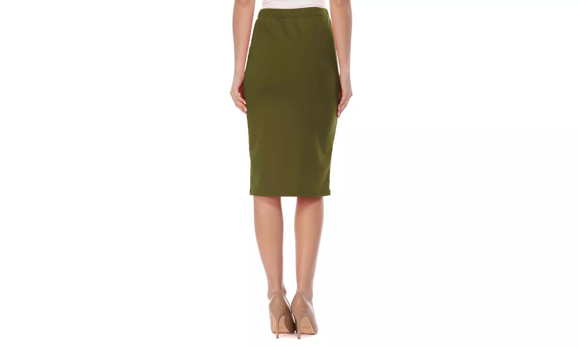 Women's Elastic High Waist Stretch Comfy Office Work Wear Solid Midi Skirt S-3XL