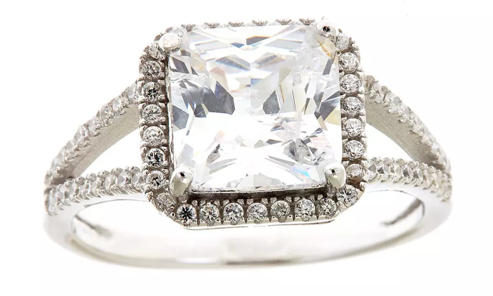 Sterling Silver 5.00 CTTW Cushions Cut Halo Split Shank Ring By Mina Bloom