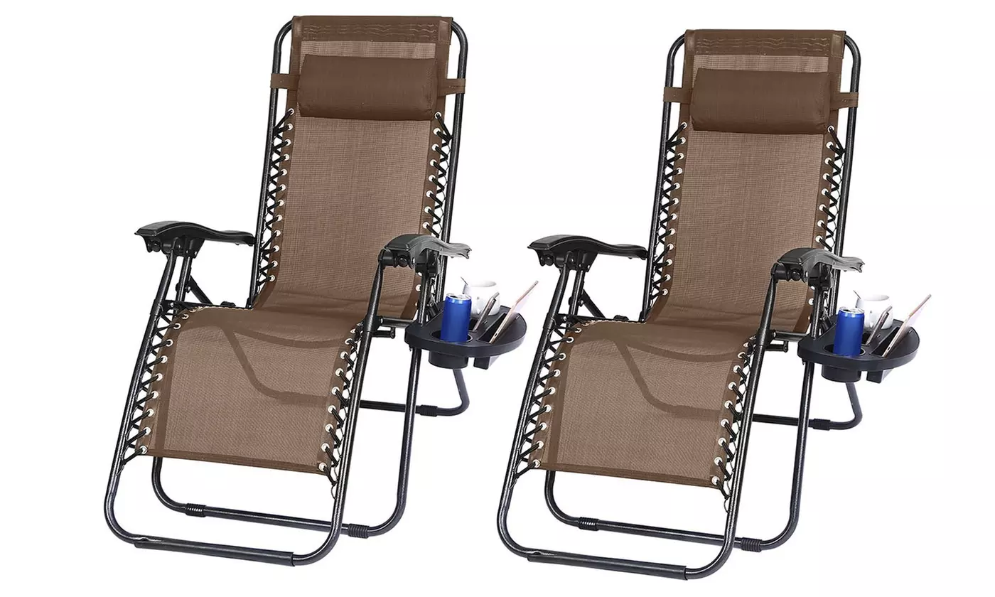 NewHome Zero-Gravity Lounge Chairs w/ Pillow & Cup Holder Side Tray (2-Pack)