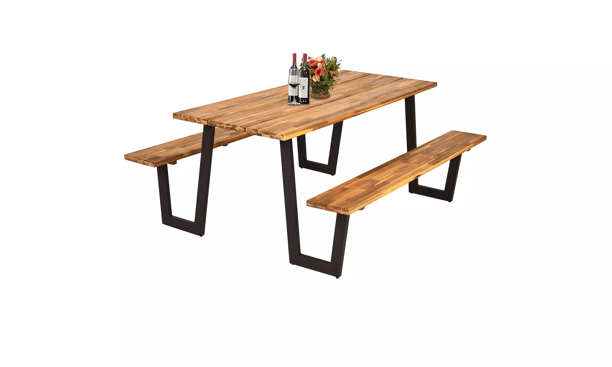 Picnic Table Bench Set Outdoor Camping Wooden 2 Built-in Benches w/Umbrella Hole