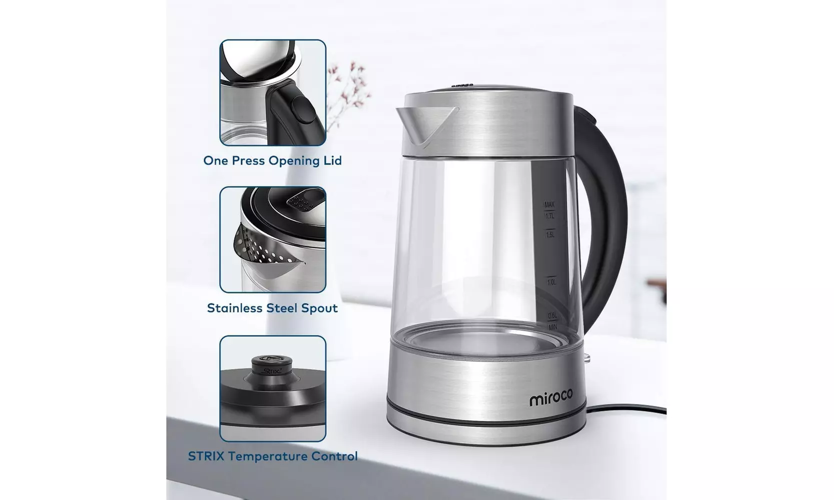 Miroco 1.7L Cordless Glass Kettle Electric Tea Kettle BPA-Free - Second Medium