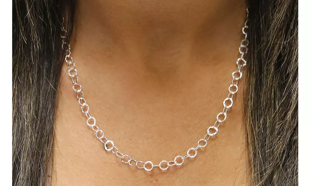 Italian Solid Sterling Silver Hammered Ring Link Necklace 20"-30"