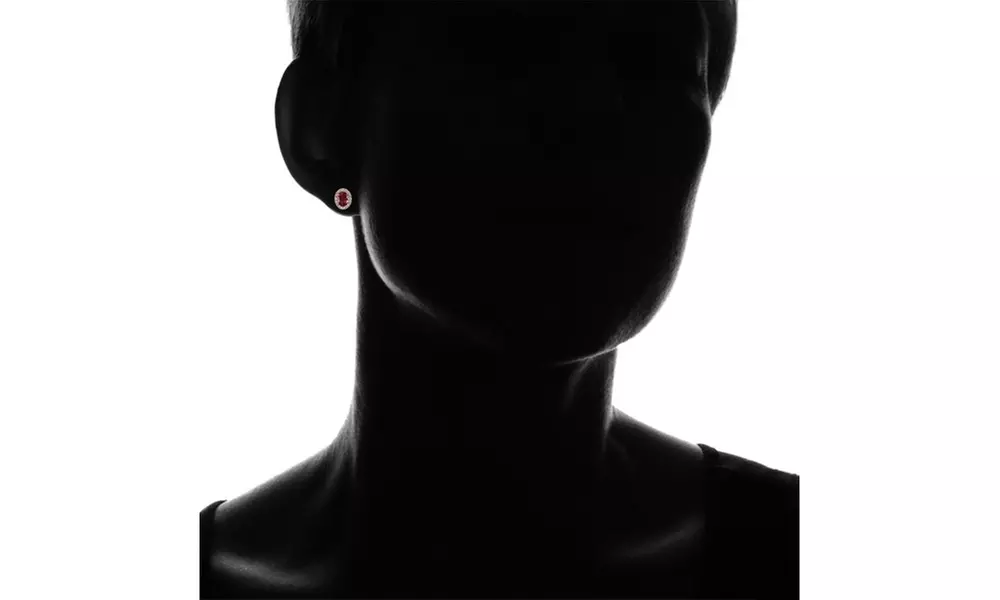 Rose Gold Flashed Sterling Silver Created Ruby and CZ Oval Halo Stud Earrings - Second Medium