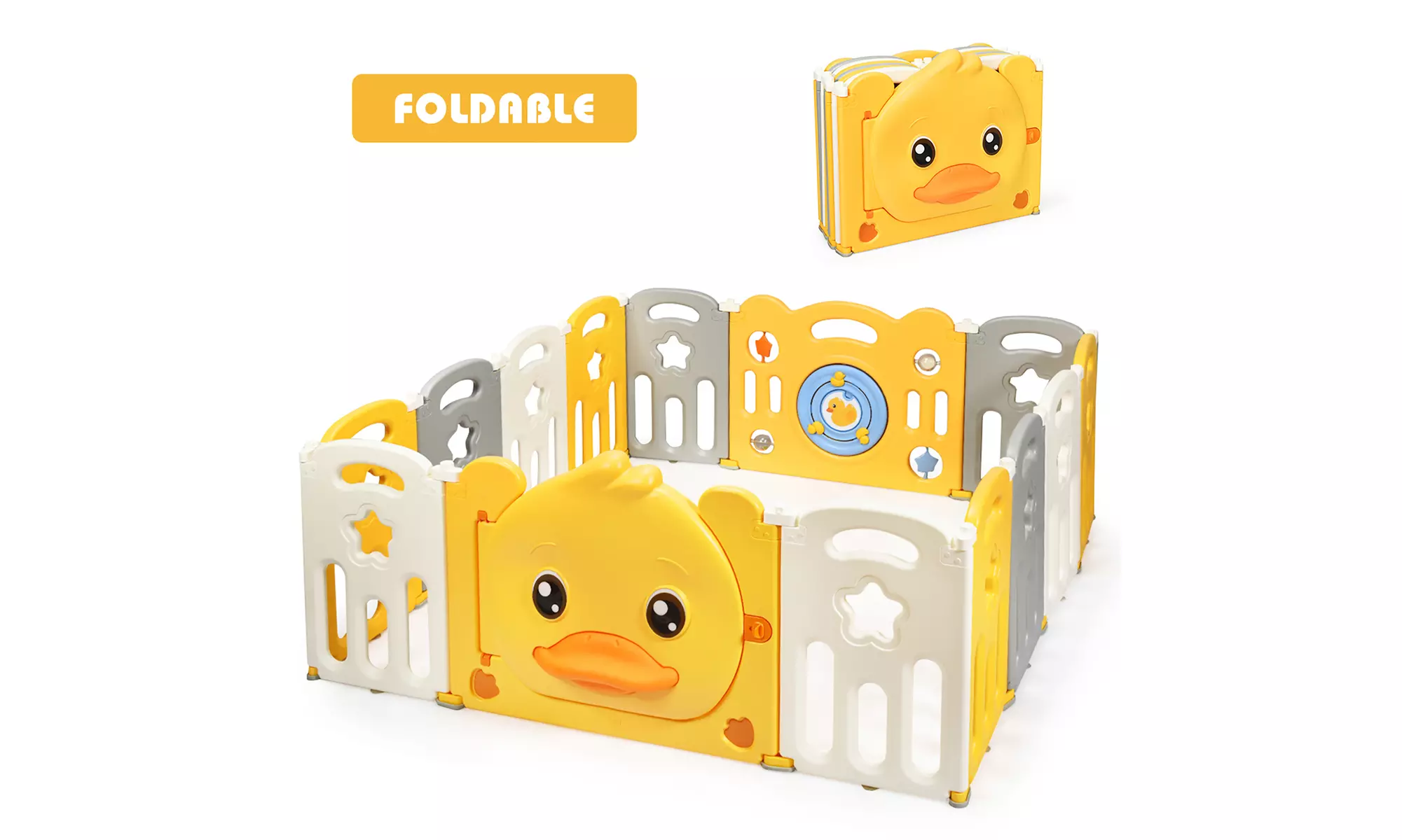 Costway 14-Panel Foldable Baby Playpen Kids Yellow Duck Yard Activity Center - Primary Image