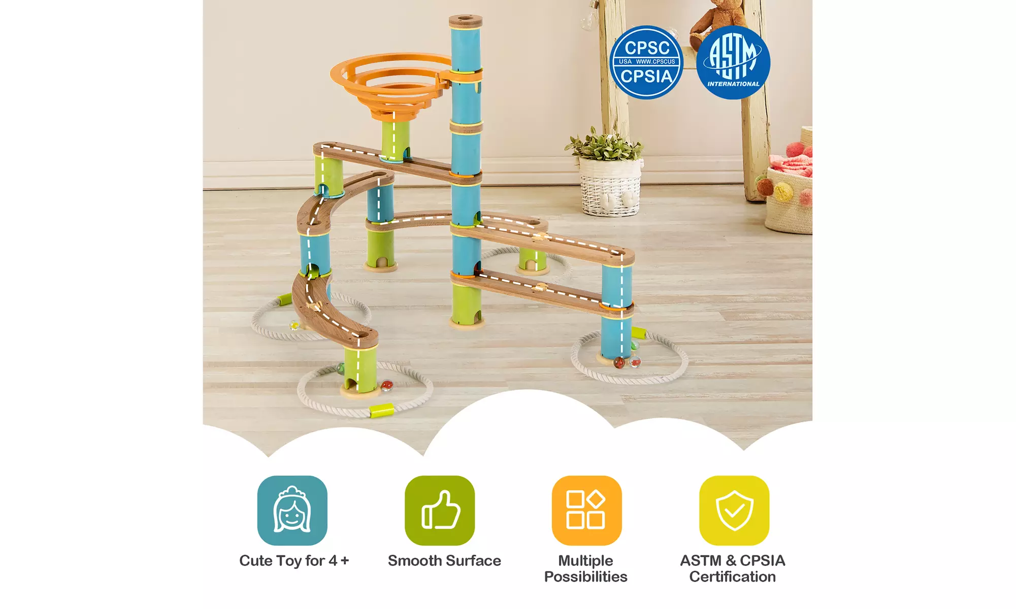 Costway Wooden Marble Run Construction 111PCS STEM Educational Learning Toys