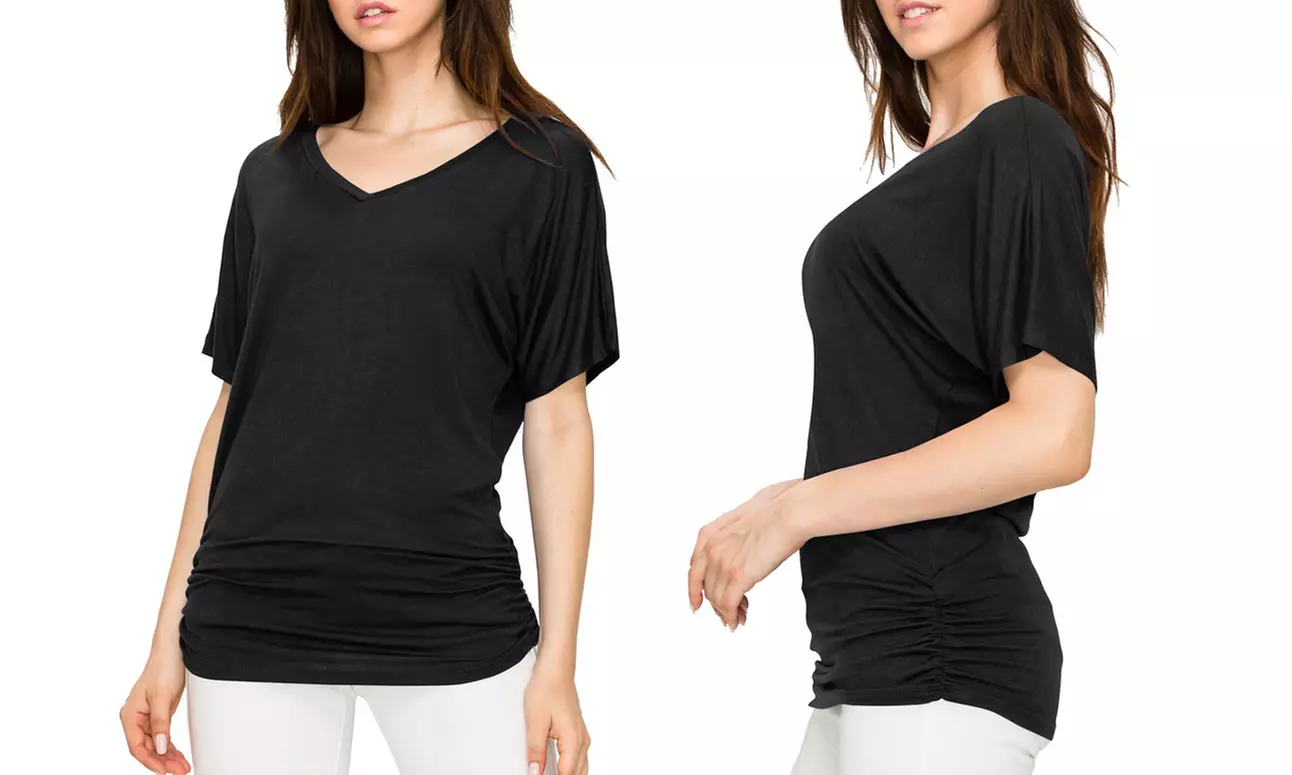 Made by Johnny Womens Solid Short Sleeve V-Neck Dolman Top with Side Shirring