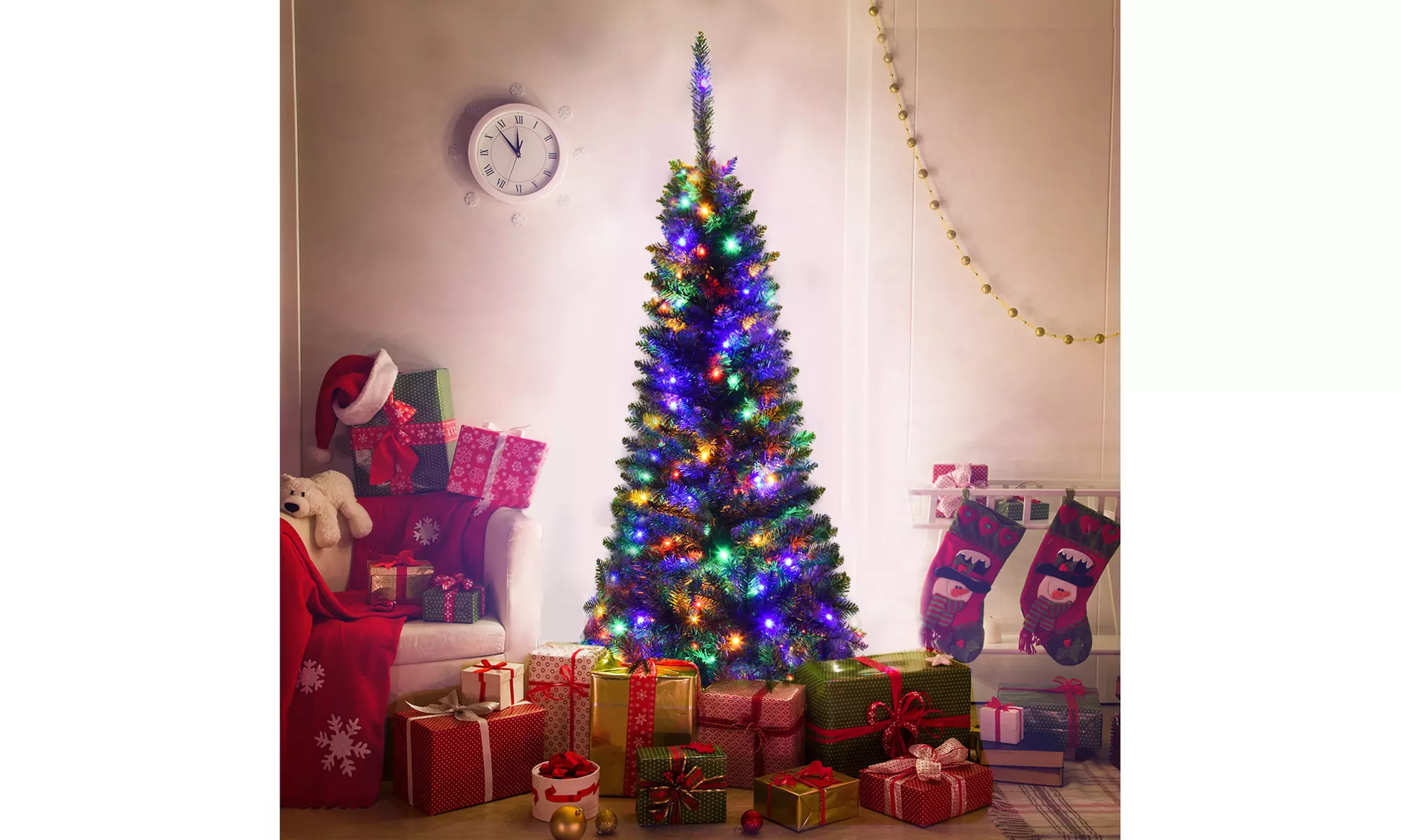 Costway 4.5/6.5/7.5ft Pre-Lit Hinged Artificial Fir Pencil Christmas Tree 