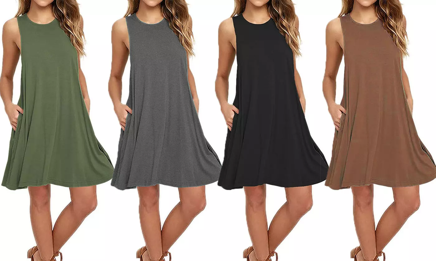 Women's Summer Sleeveless Round Neckline T-Shirt Loose Dress with Side Pockets