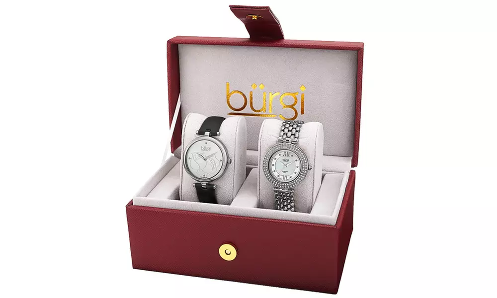 Burgi Women's Leather Strap Alloy Bracelet 2-Piece Watch Set BURGP152 - Primary Image