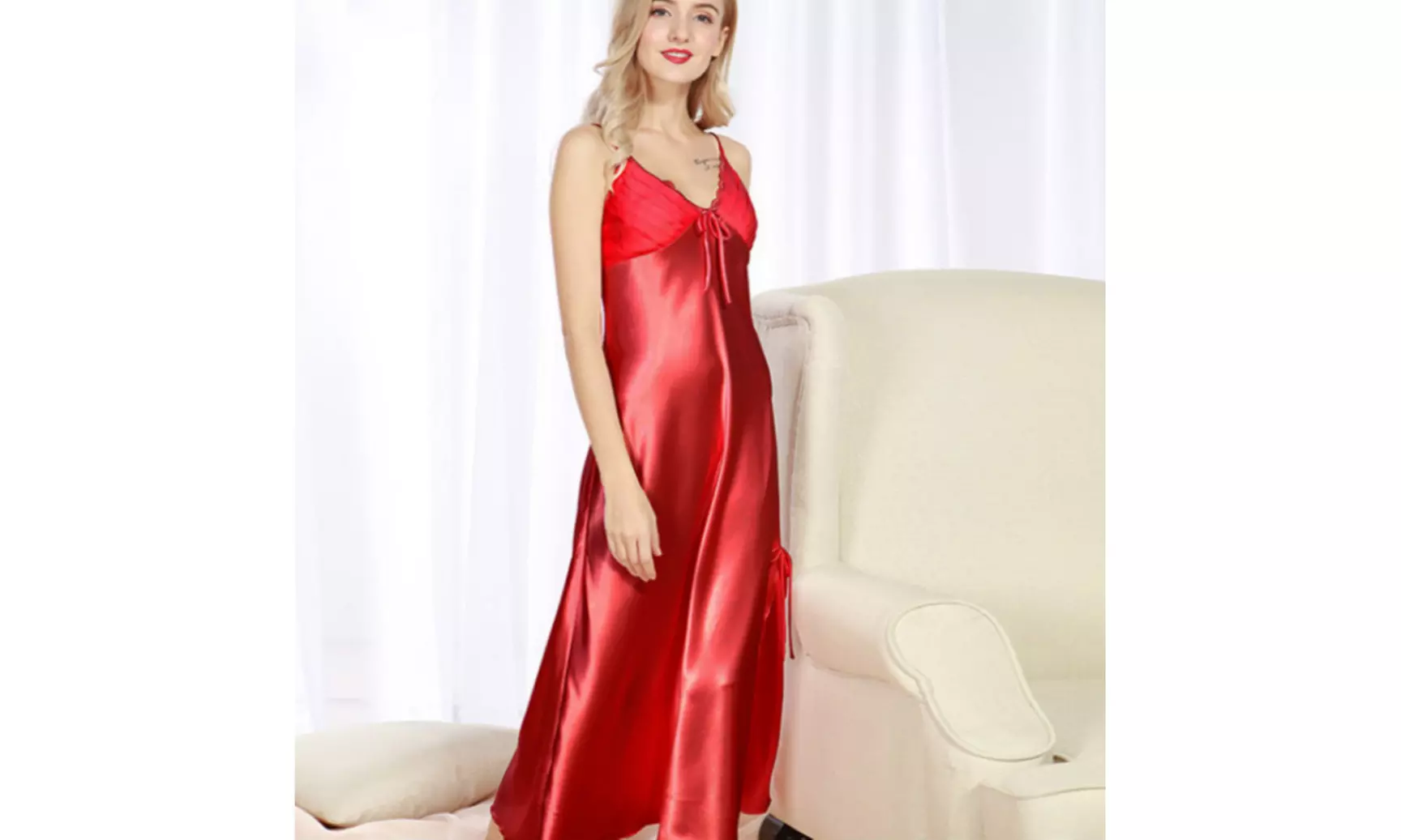 Women's Silk Pajamas Sexy Back Elastic Strap Nightdress Red - Primary Image