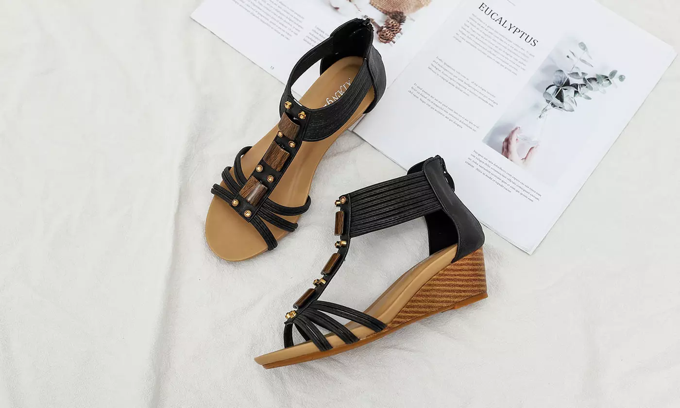 Women's Open Toe T-strap Low Wedge Sandals