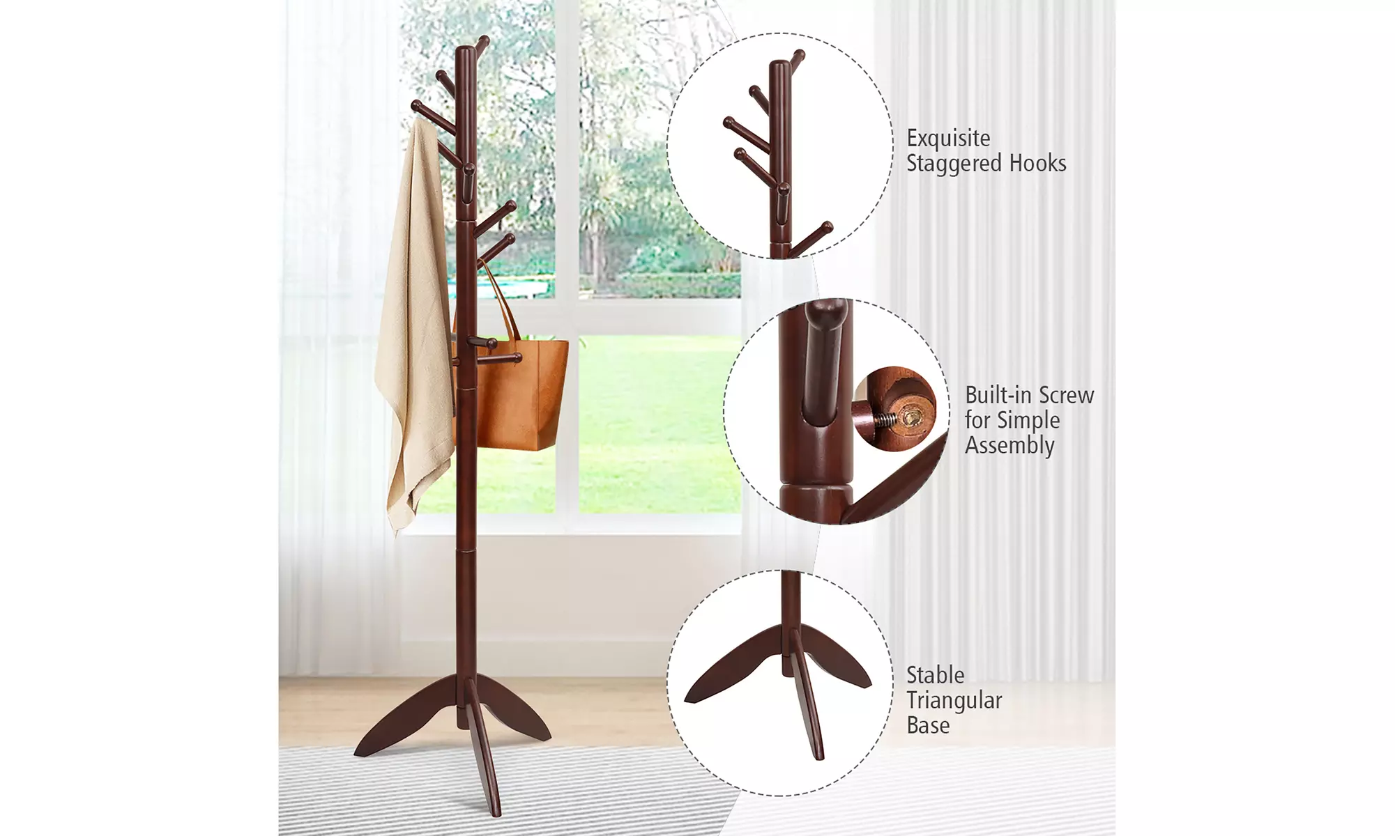 Costway Wooden Coat Rack Entryway Hall Tree 2 Heights w/ 11 Hooks