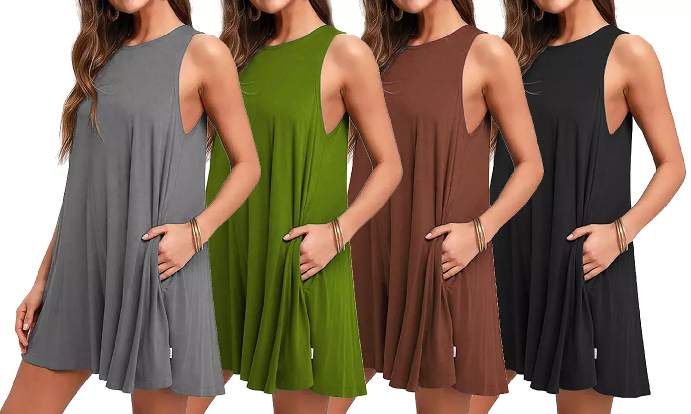 Women's Summer Casual T Shirt Dresses Pockets Sleeveless Beach Dress