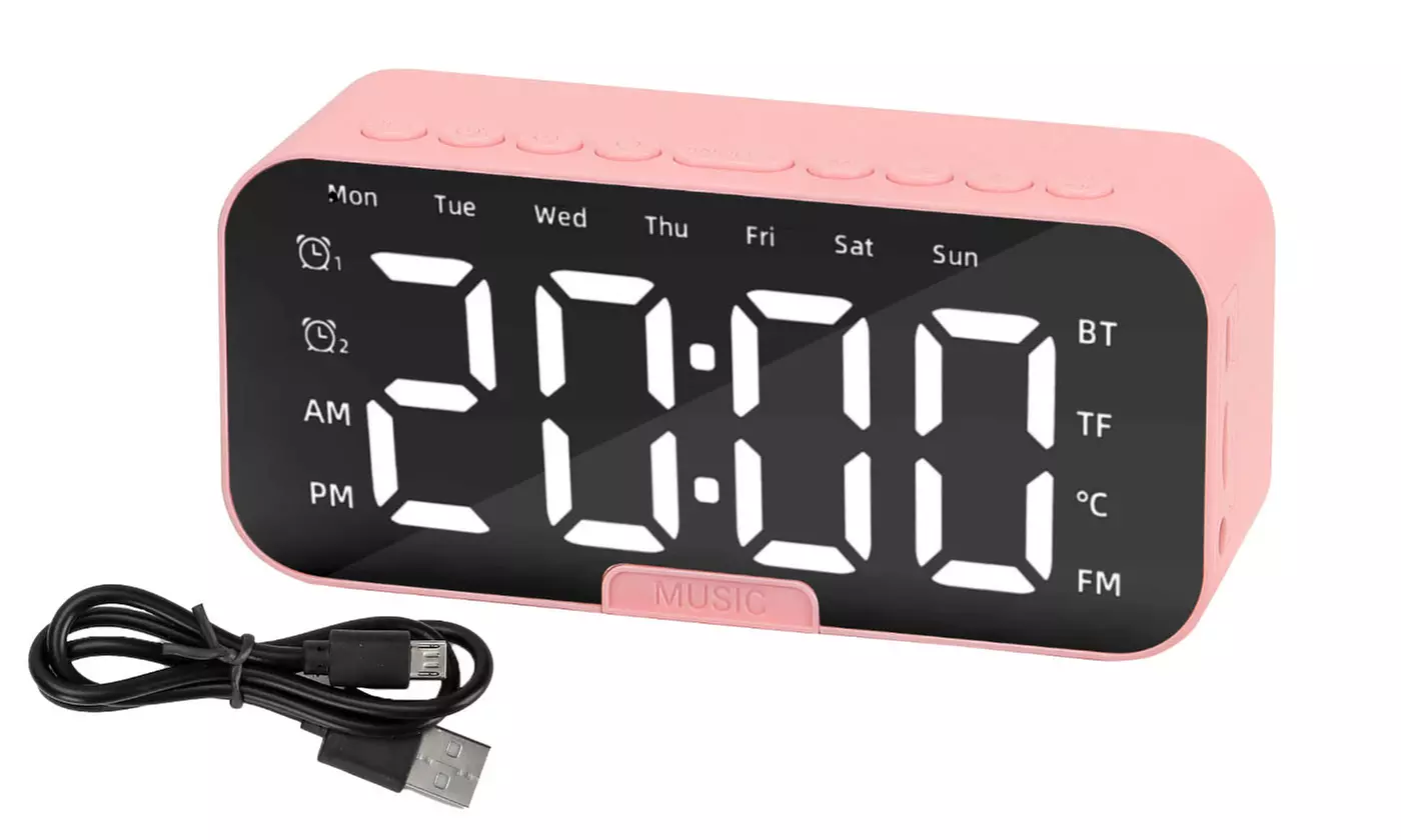 Portable Digital Alarm Clock FM Radio Wireless Bluetooth Mirror LED With Speaker