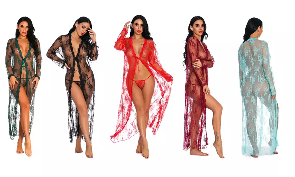 Lingerie for Women Sexy Long Lace Dress Sheer Gown See Through Kimono Robe - Primary Image