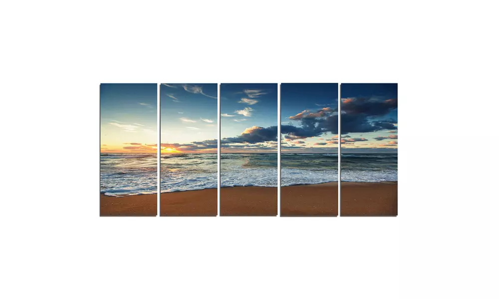 Sunrise and Glowing Waves in Ocean - Multipanel Seascape 5 Panel Metal Wall Art - Second Medium