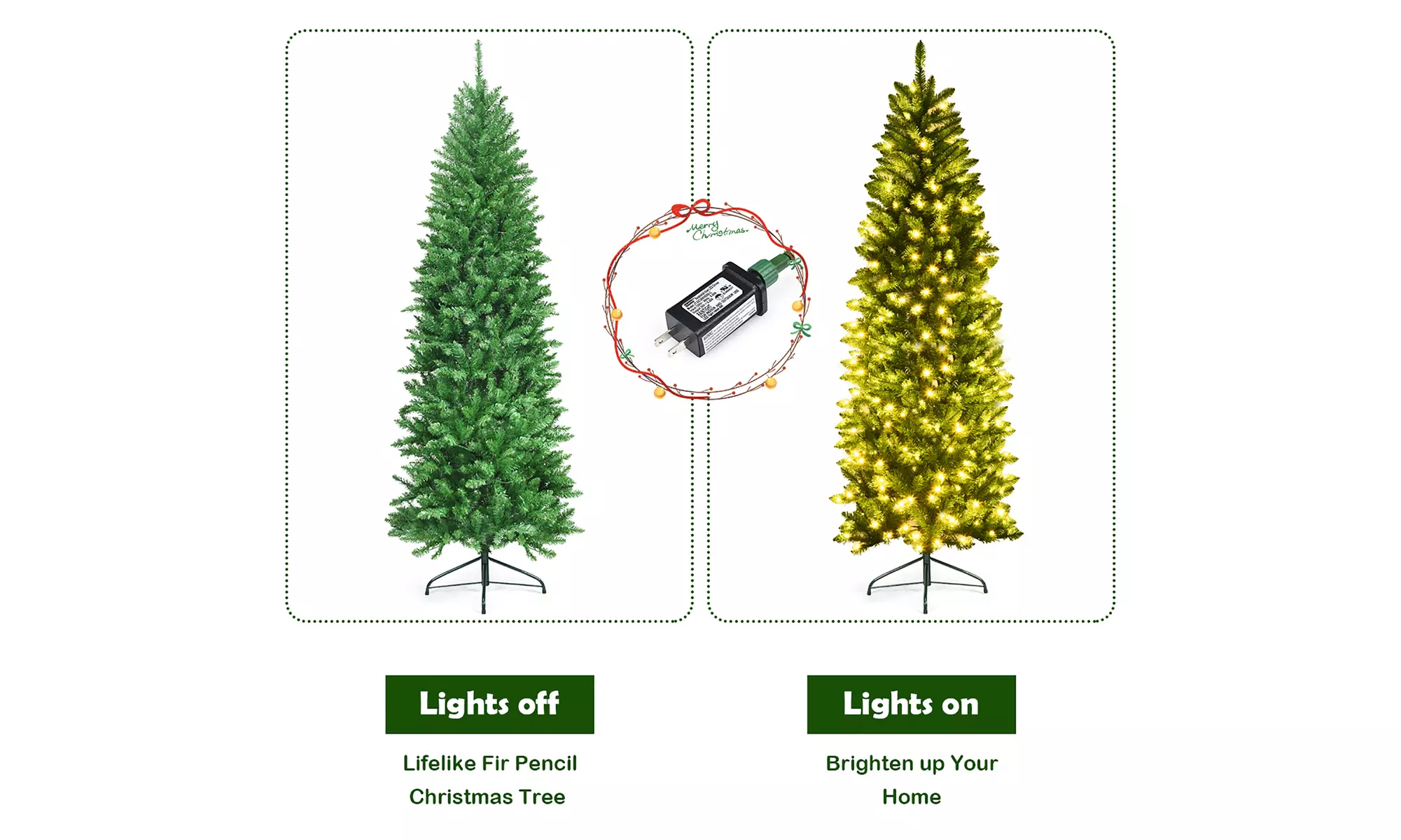 Costway 7Ft Pre-lit Artificial Pencil Hinged PVC Christmas Tree/350 LED Lights