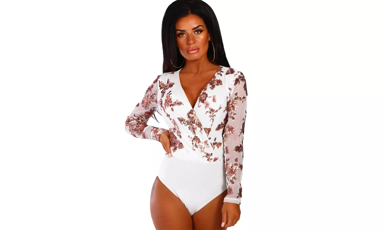 Women's Gold Sequin White Mesh Long Sleeve Bodysuit - Primary Image