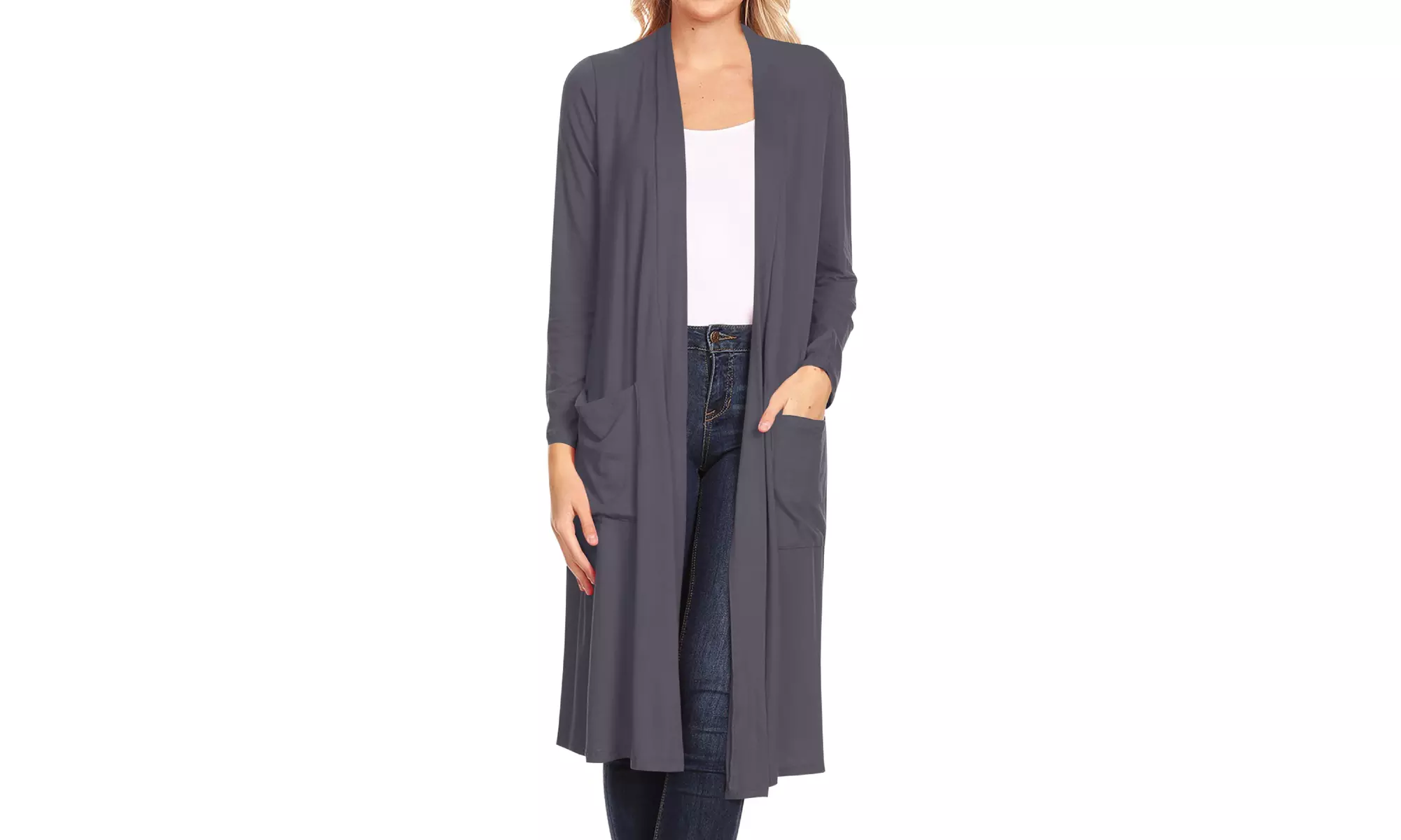 Women's Casual Open Front Side Pockets Solid  Long Cardigan