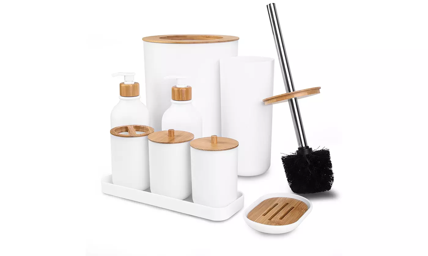 NewHome Bathroom Accessory Set Plastic & Bamboo Bathroom Accessories (9-Piece)