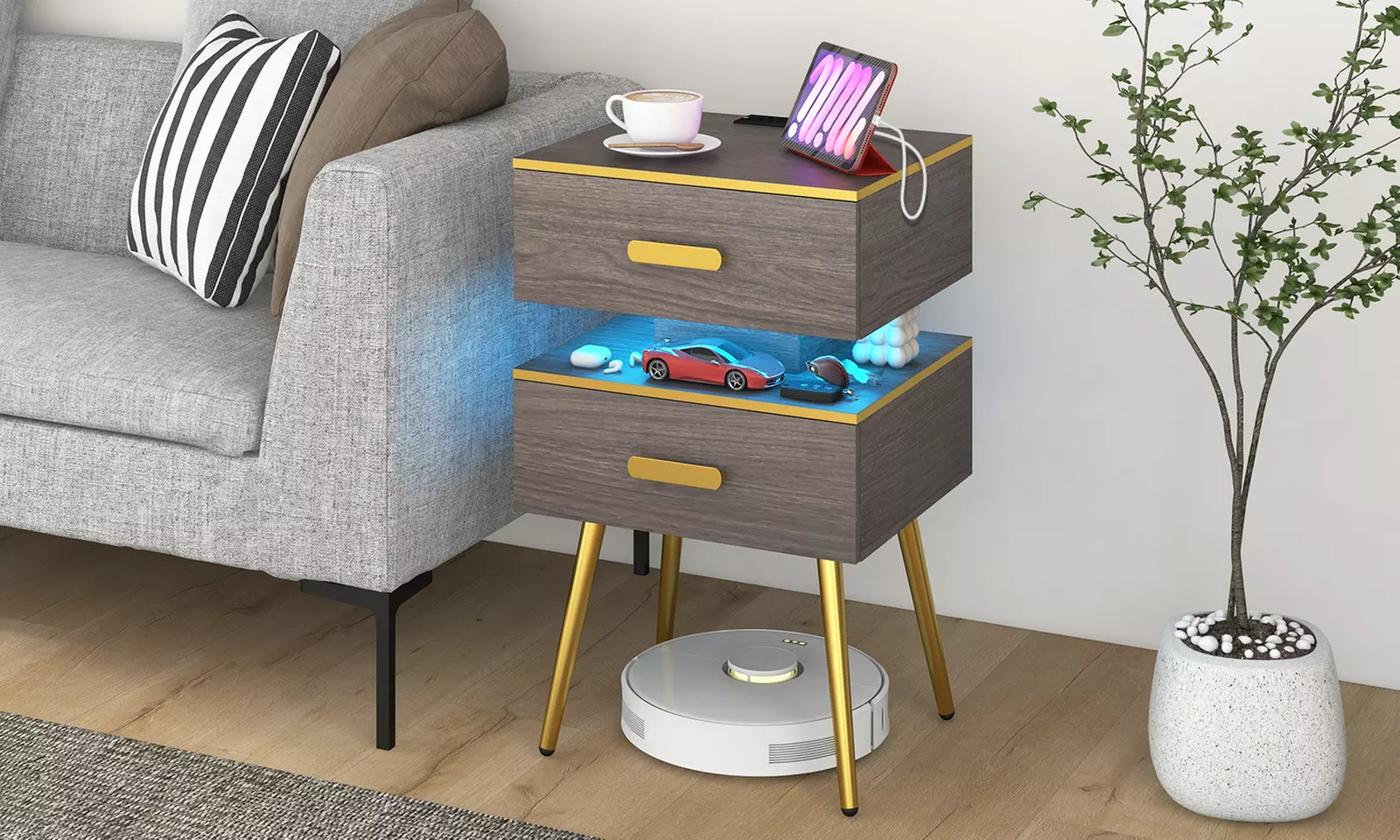 Costway Nightstand with Charging Station Bedside Sofa Side Tables with 2 Drawers - Primary Image
