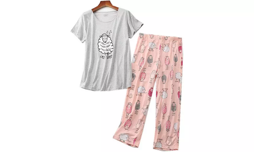Women Summer Fun Prints Pajama Set Tops Capri Pants Casual Sleepwear