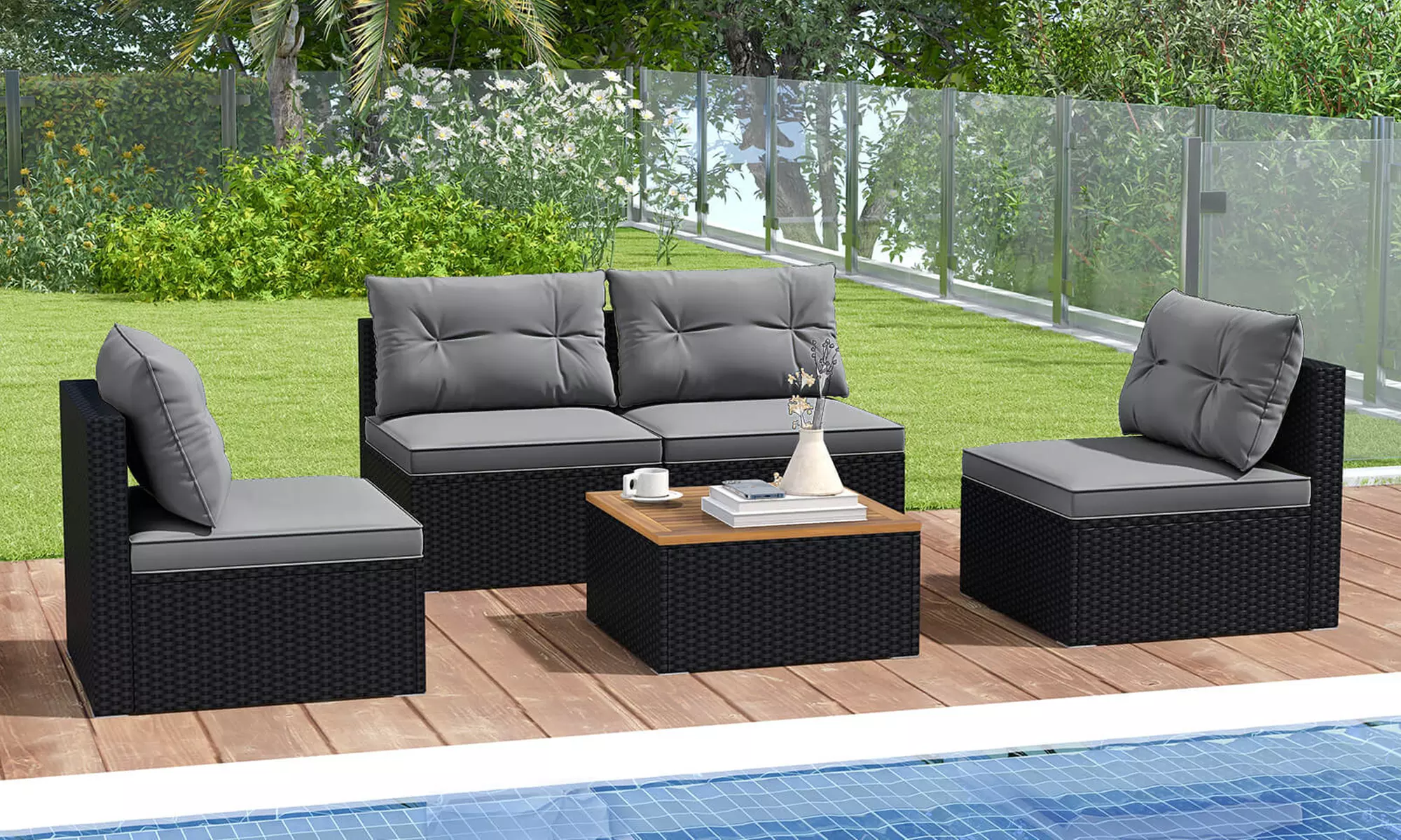 5 Piece Patio Rattan Furniture Set Acacia Wood Table Top Sofa Cushion Deck