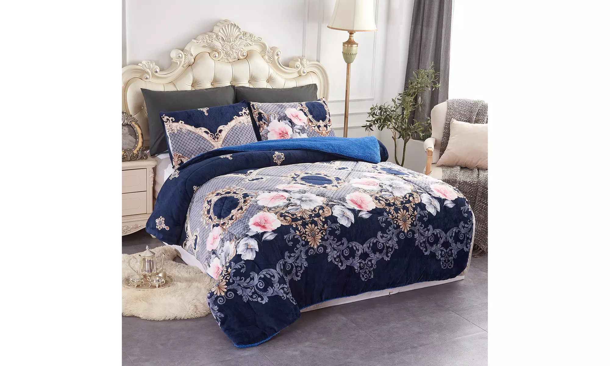 JML 3-Piece Sherpa Blanket,Plush Printed Borrego Blanket Cal King/King/Queen - Primary Image