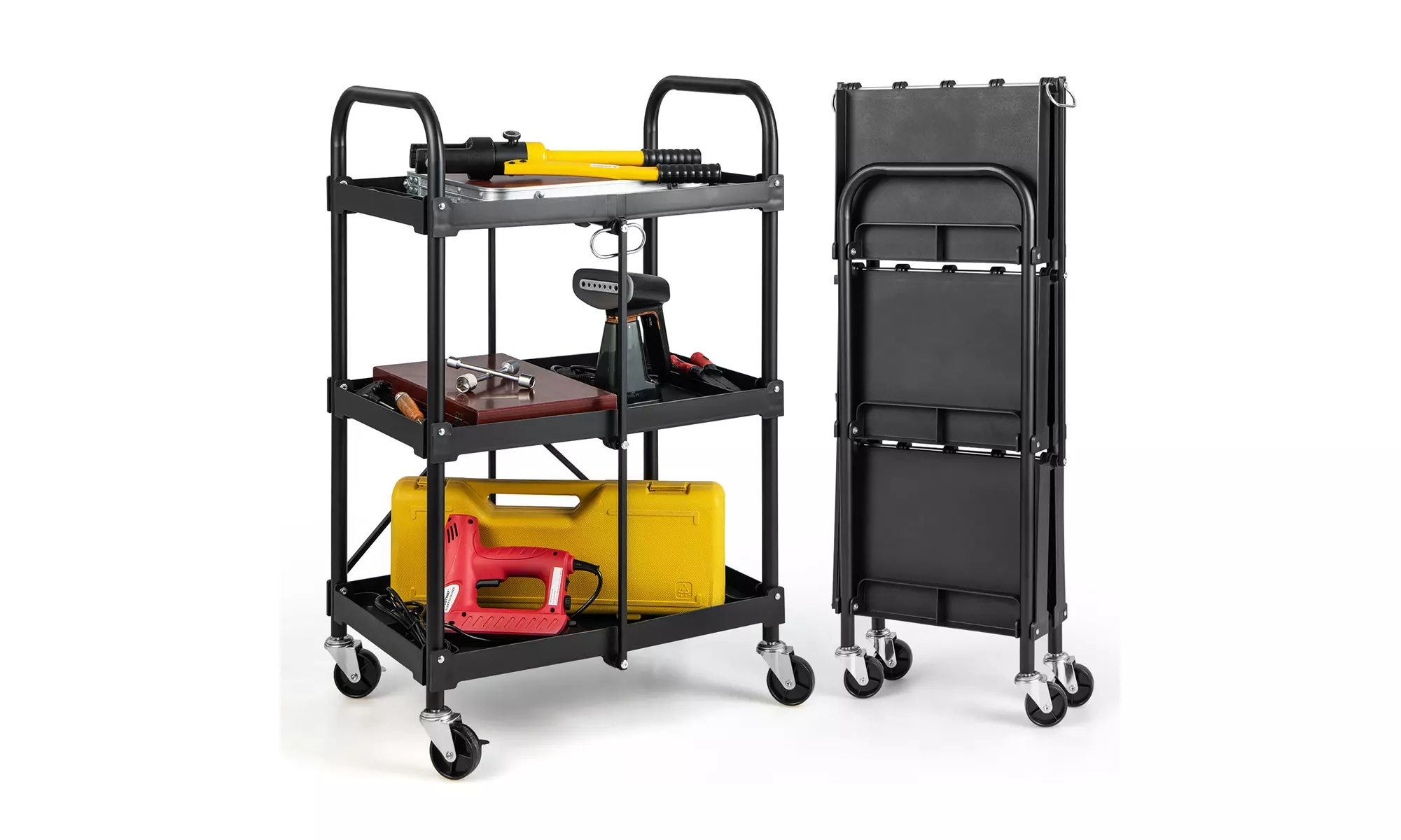 Costway Folding Collapsible Service Cart Heavy-Duty 3-Shelf Tool Cart 4 Wheels - Primary Image