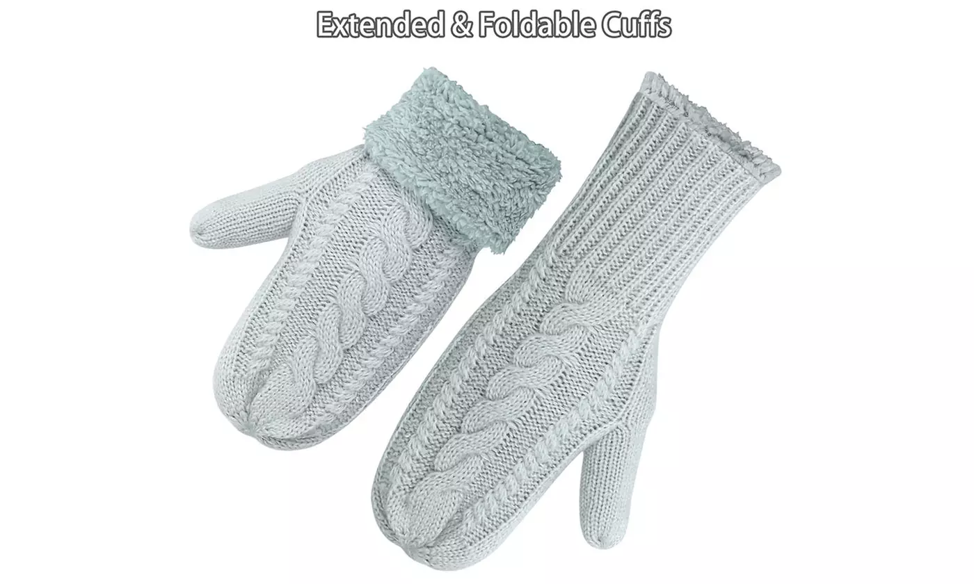 Women's Cozy Winter Knit Mitten Gloves With Fleece Lining