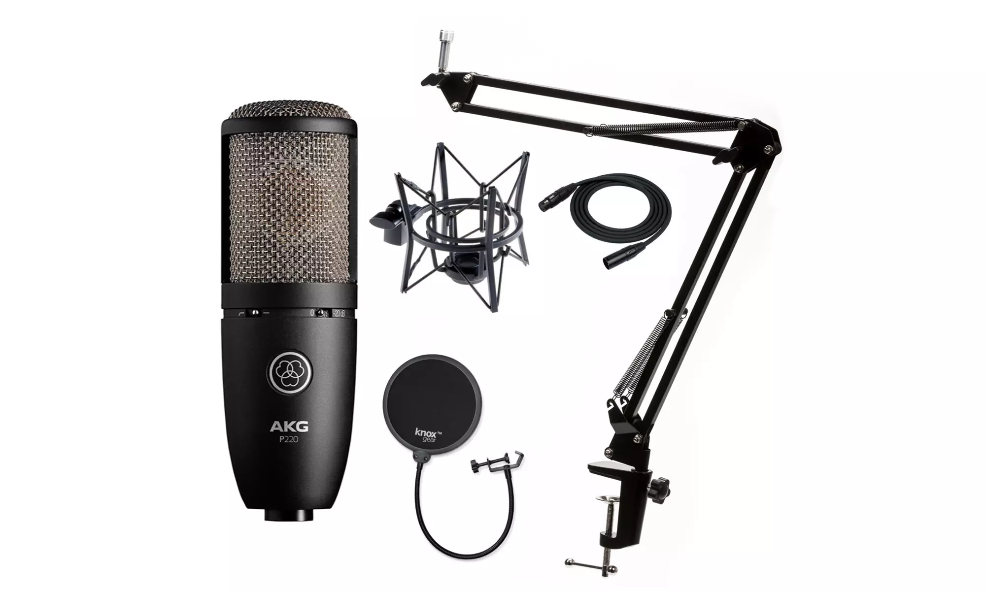 AKG P220 Condenser Microphone with Knox Gear Pop Filter and Boom Arm Stand - Primary Image