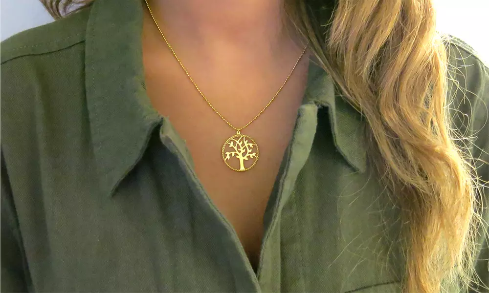 Italian 18K Gold Plated Sterling Silver Diamond Cut Tree Of Life Necklace - Primary Image
