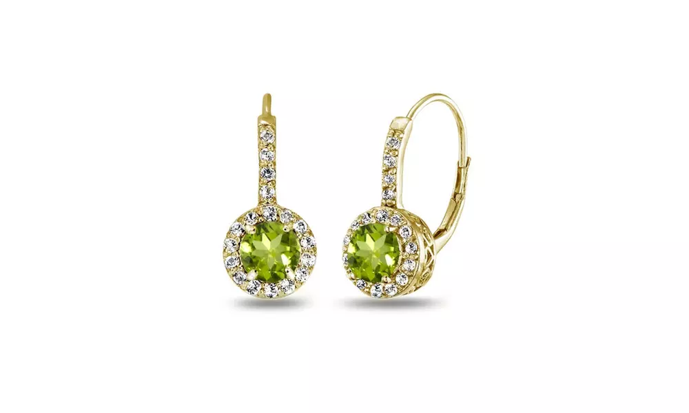 Peridot & White Topaz Round Halo Leverback Earrings in Gold Flash 925 Silver