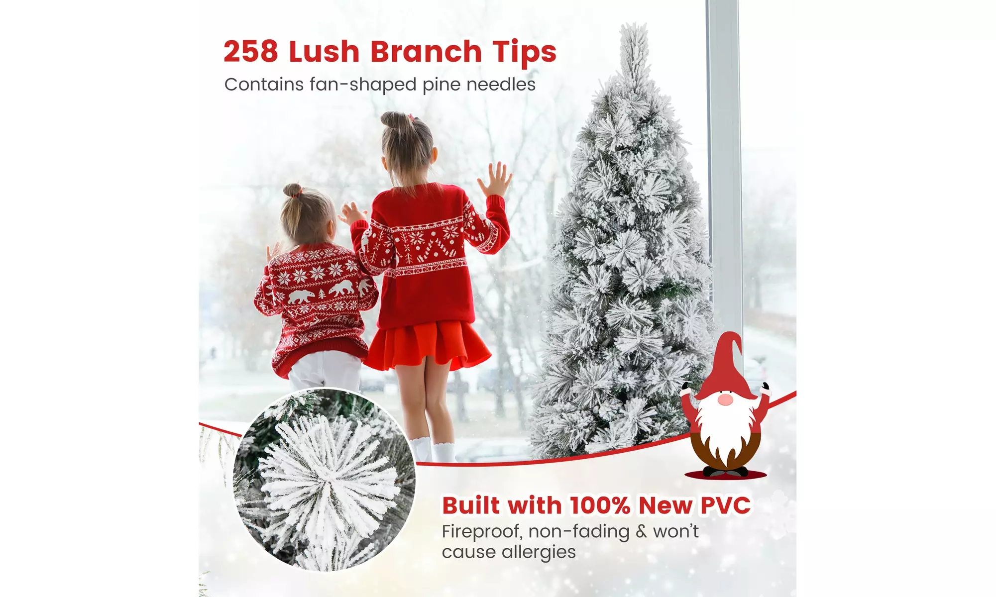 Costway 4.5/6/7 FT Pre-Lit Slim Christmas Tree Flocked w/ Pine Needles & Lights