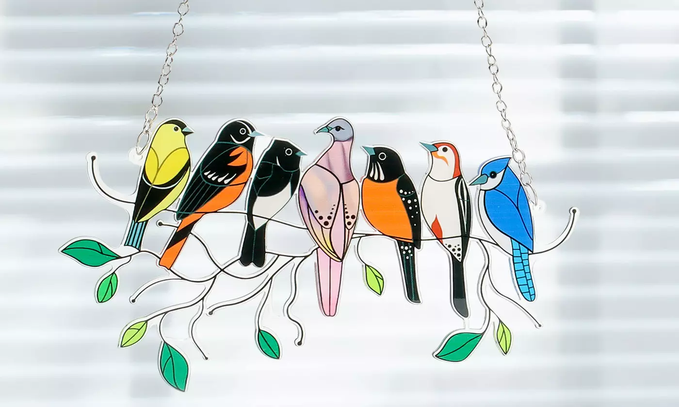 Multicolor Birds On A Wire High Stained Suncatcher Window Panel Home Decor