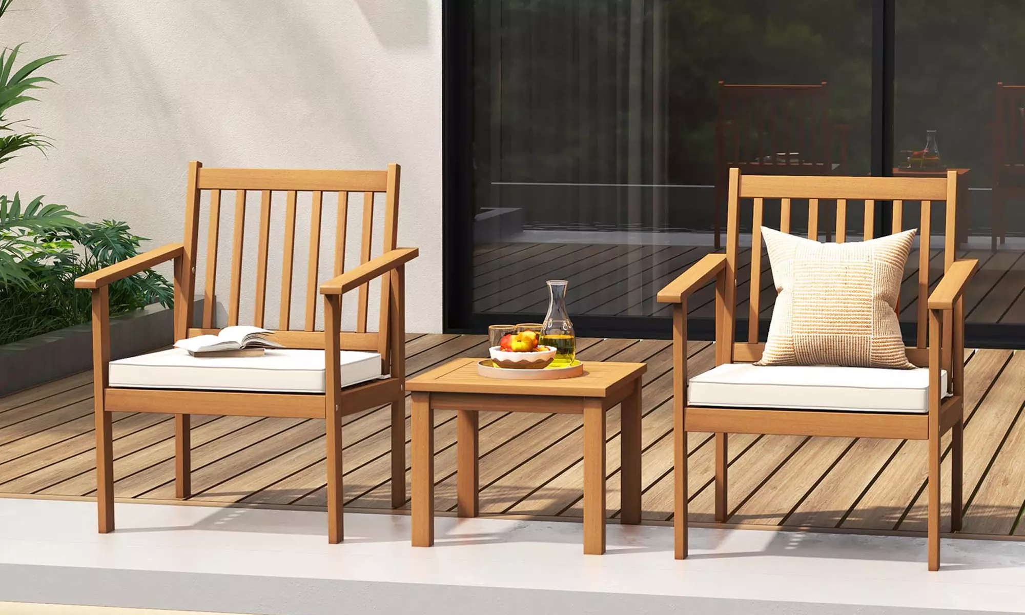 Costway 3 PCS Patio Wood Furniture Set Acacia Wood Chairs & Coffee Table