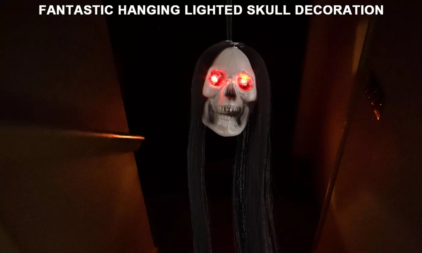 20" Halloween Hanging Ghost LED Glowing Eyes Halloween Prop Skull Scray Hair