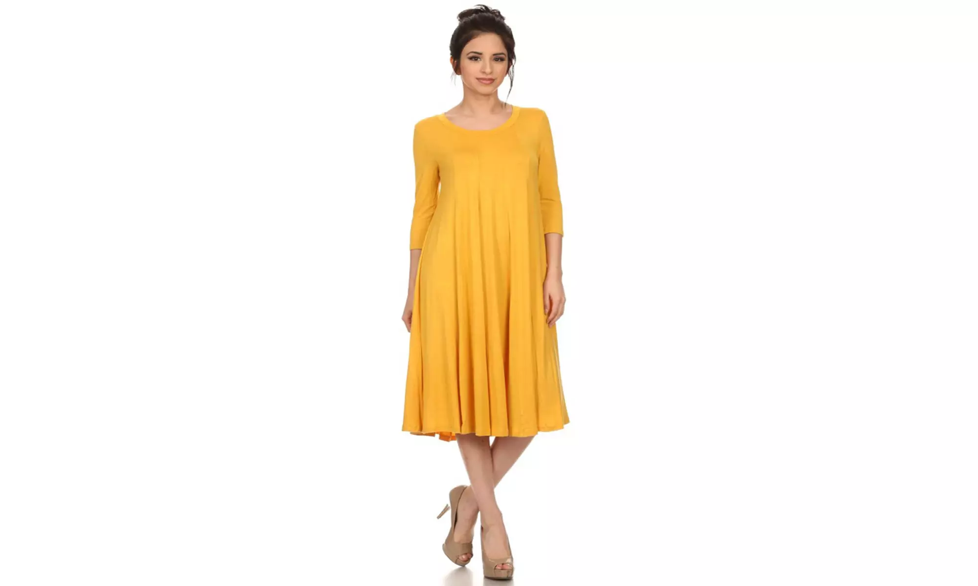 Women's Solid Casual Comfy 3/4 Sleeve Loose Fit A-line Midi Dress