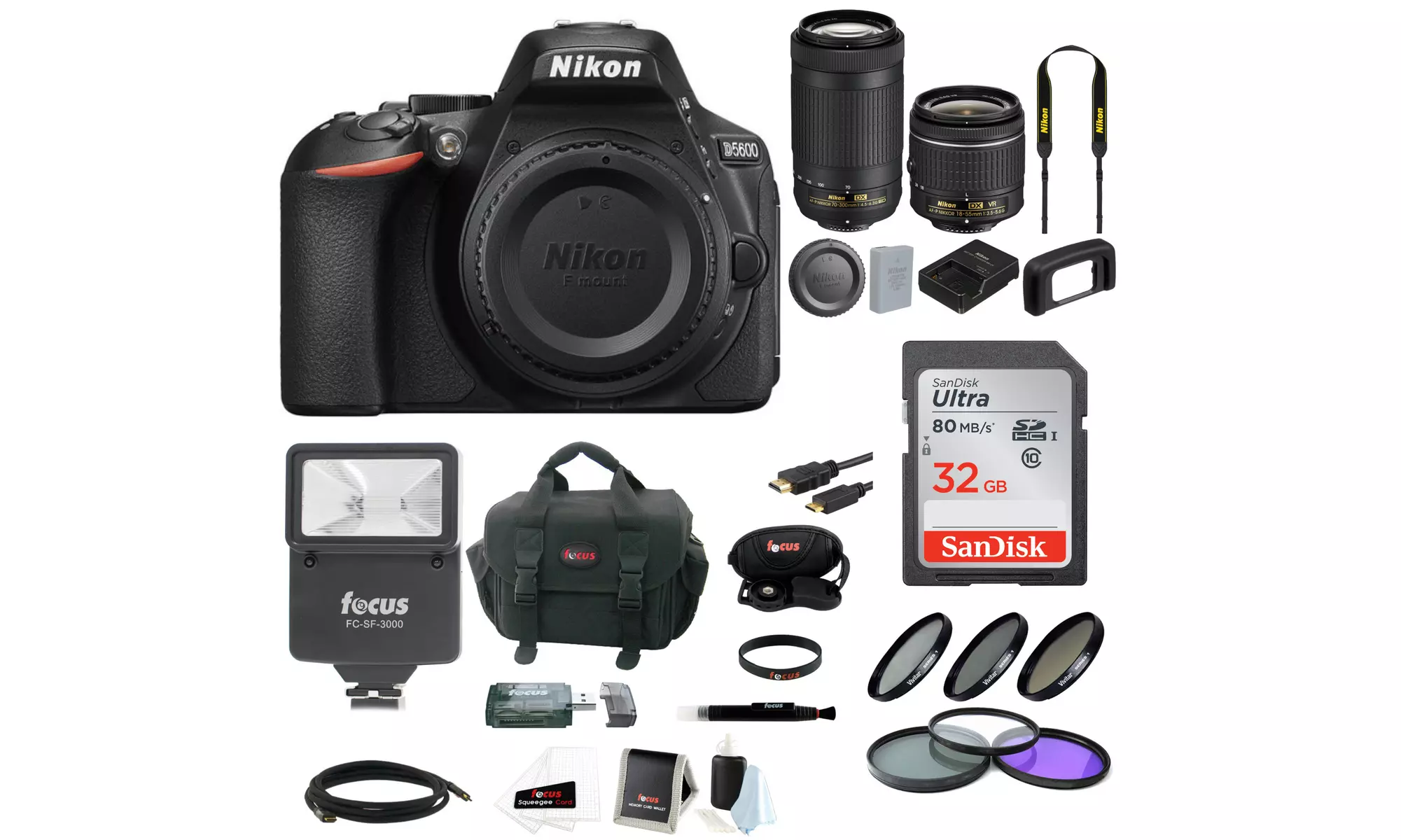 Nikon D5600 DSLR Camera with 18-55mm and 70-300mm Lenses and SD Card Bundle - Primary Image