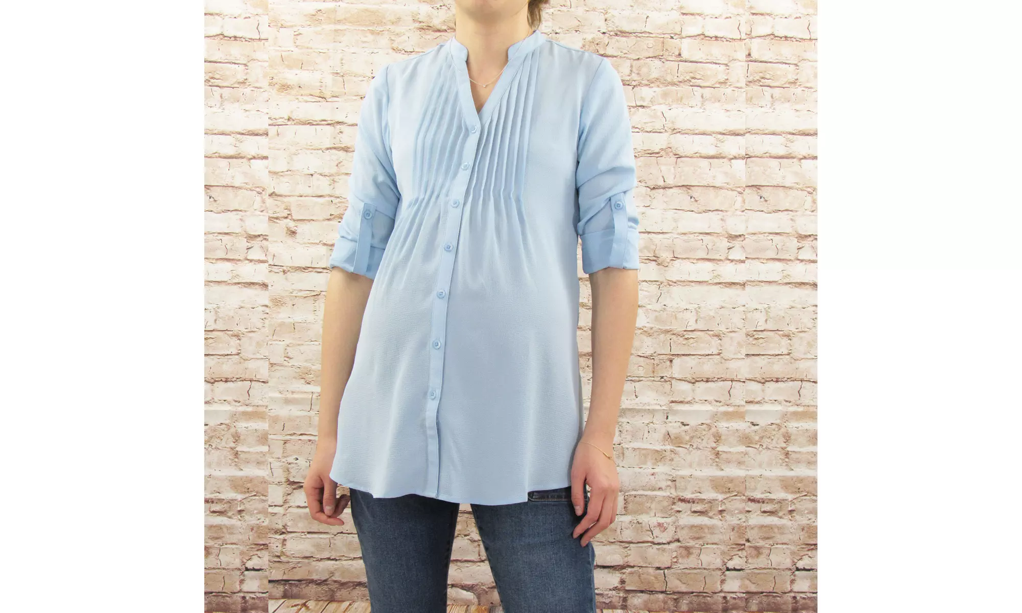 Button Front Pleated Roll Sleeve Maternity and Nursing Top - Primary Image
