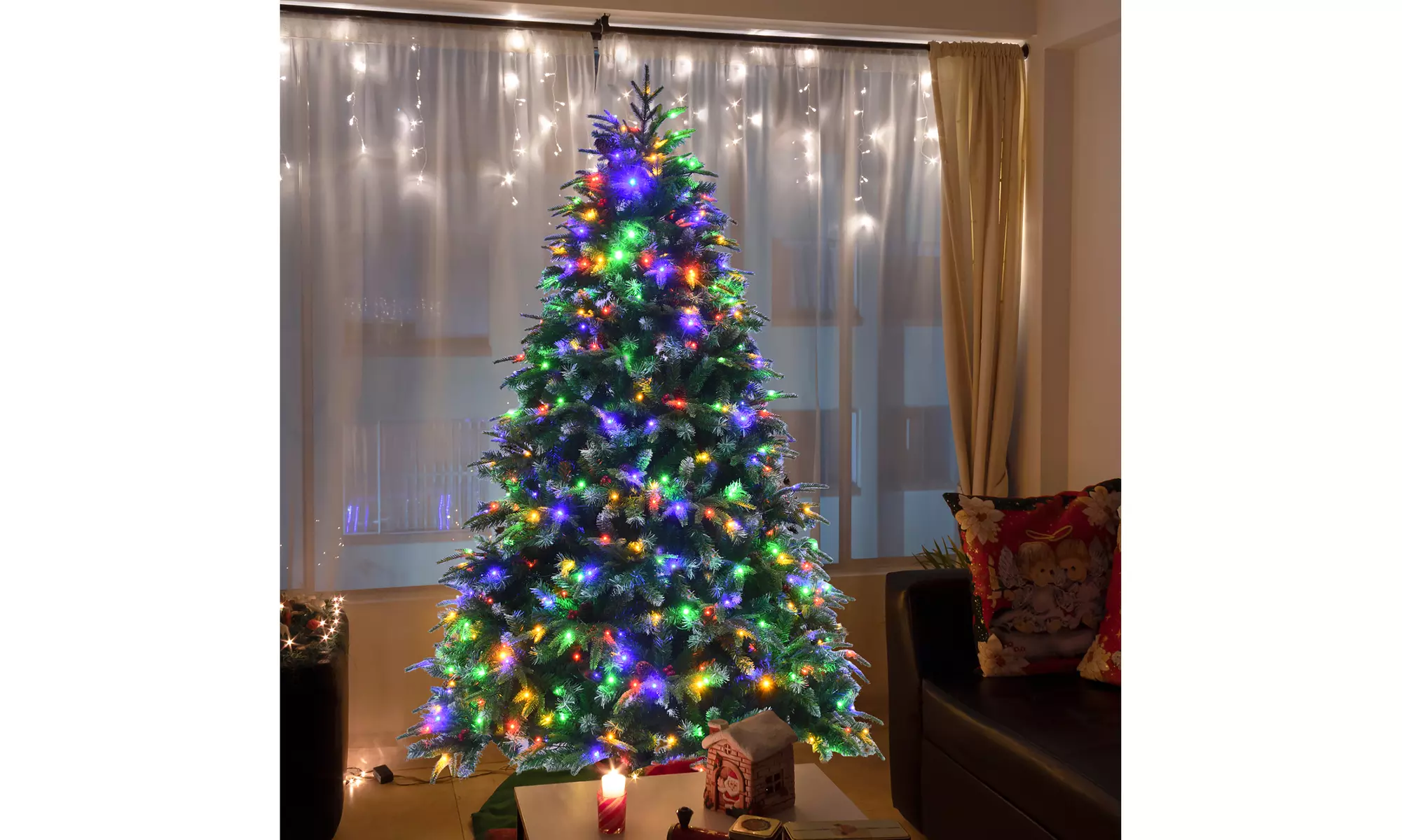 7ft Pre-Lit Snowy Christmas Hinged Tree 11 Flash Modes w/ 450 Multi-Color Lights