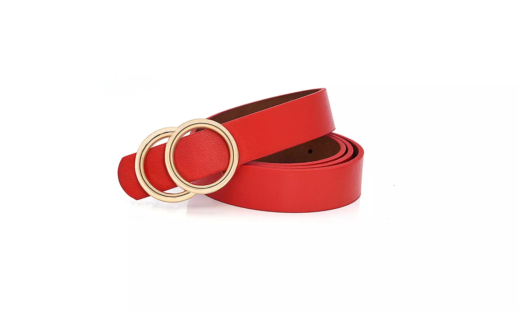 Women Leather Belts Faux Leather Jeans Belt with Double O-Ring Buckle - Second Medium