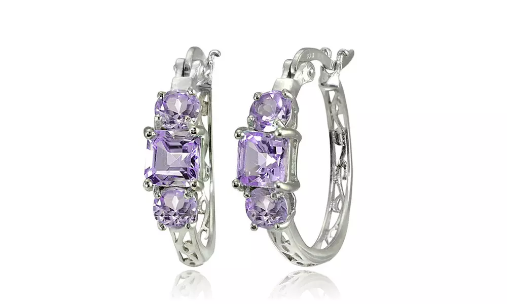 Sterling Silver Amethyst Three-Stone Filigree Hoop Earrings