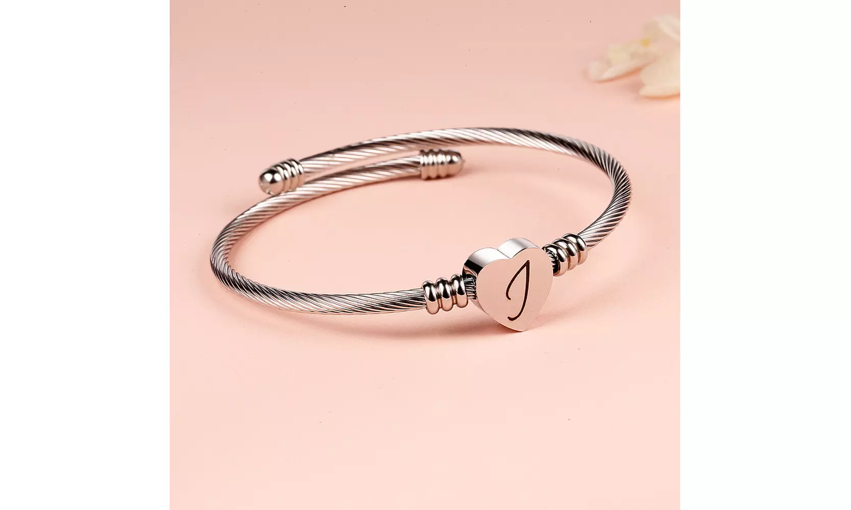 Twisted Steel Heart Cable Initial Bracelet