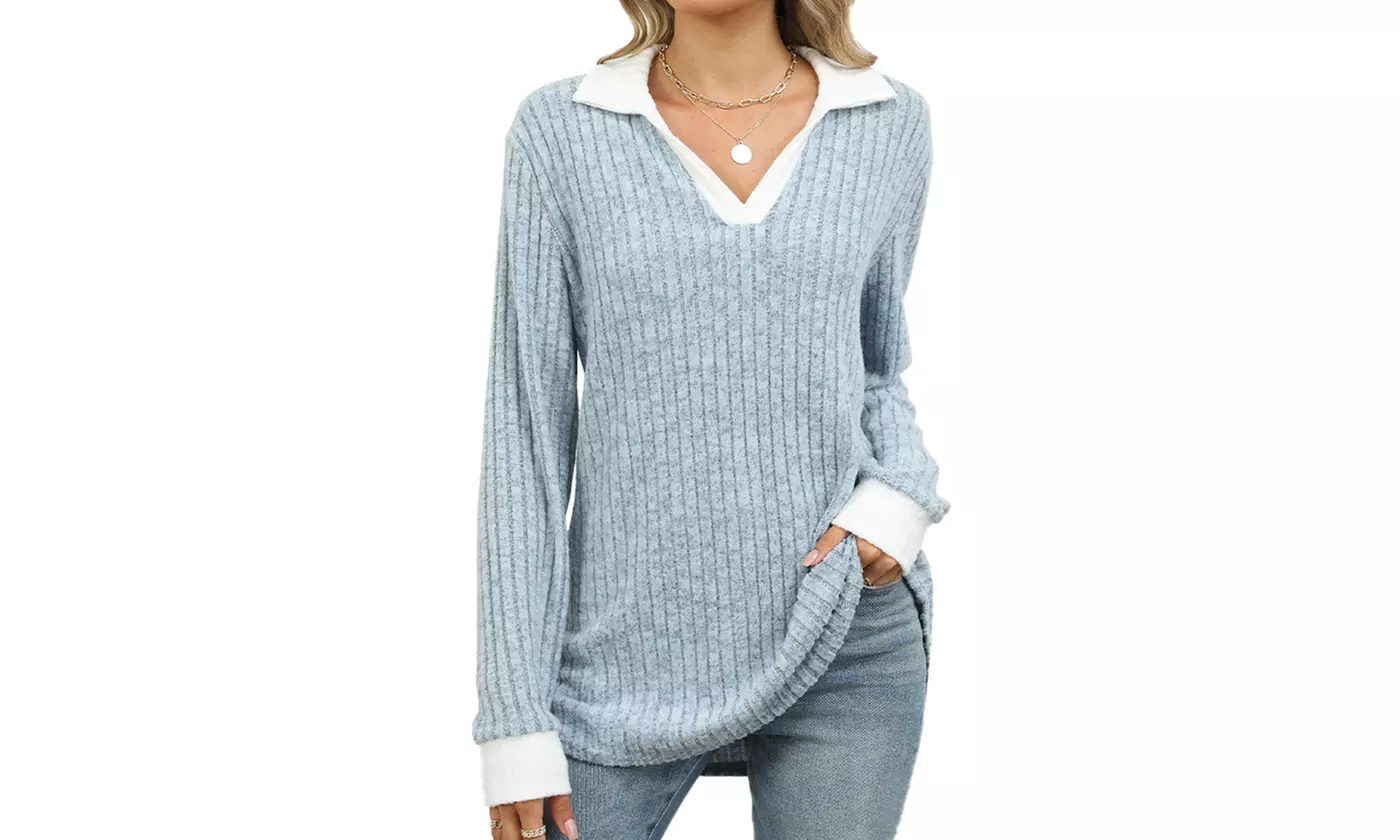 Women's Long Sleeve Lapel Blouse V-Neck Ribbed Knit Tunic Top
