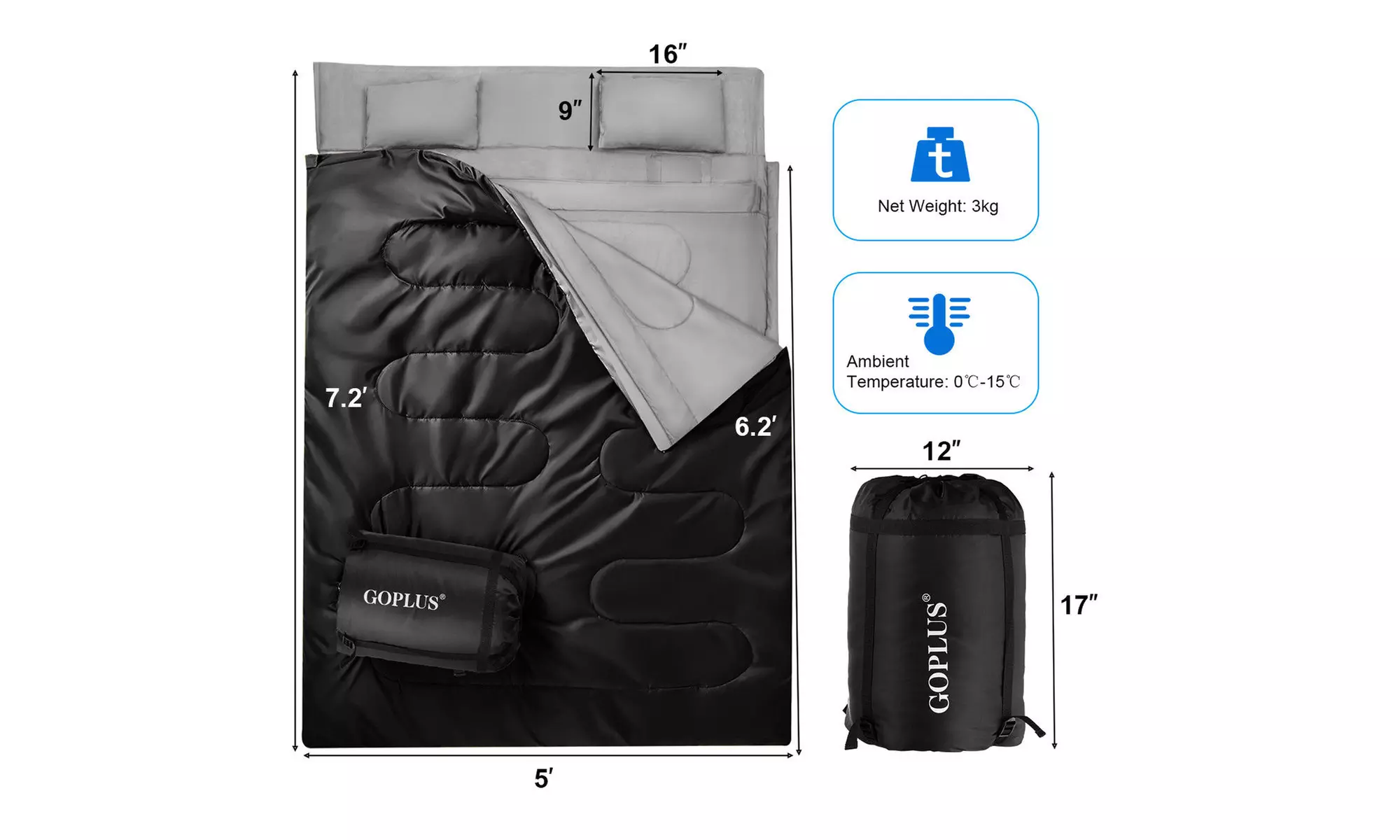 Goplus  Double 2 Person Sleeping Bag Waterproof w/ 2 Pillows Camping 