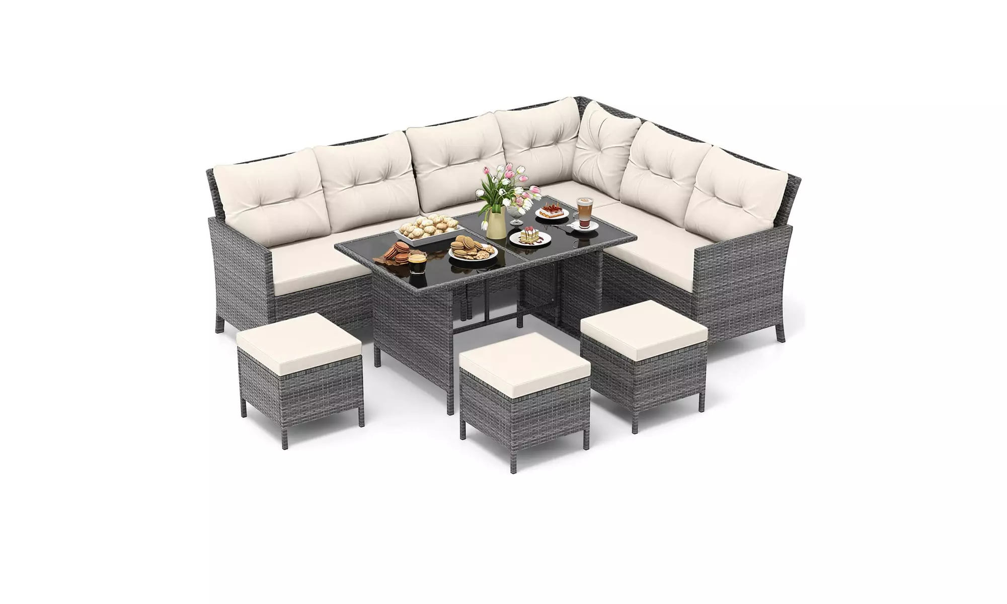 Costway 7-Piece PE Rattan Patio Dining and Sectional Sofa Set