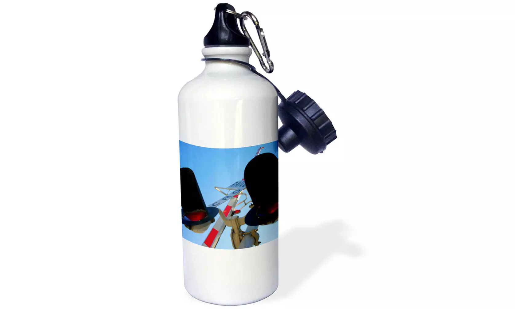 Water Bottle Railroad Crossing signal from below with sky in the background. - Second Medium