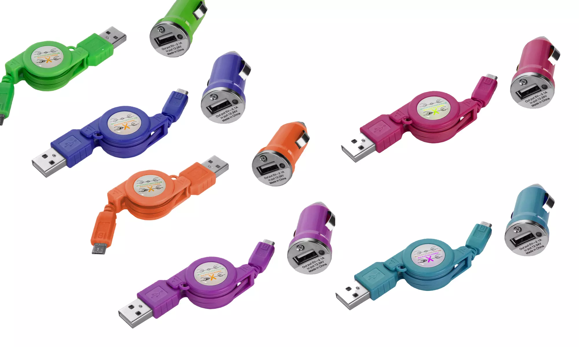 6 Packs Tangle Free Retractable USB Car Charger with Micro USB - Primary Image