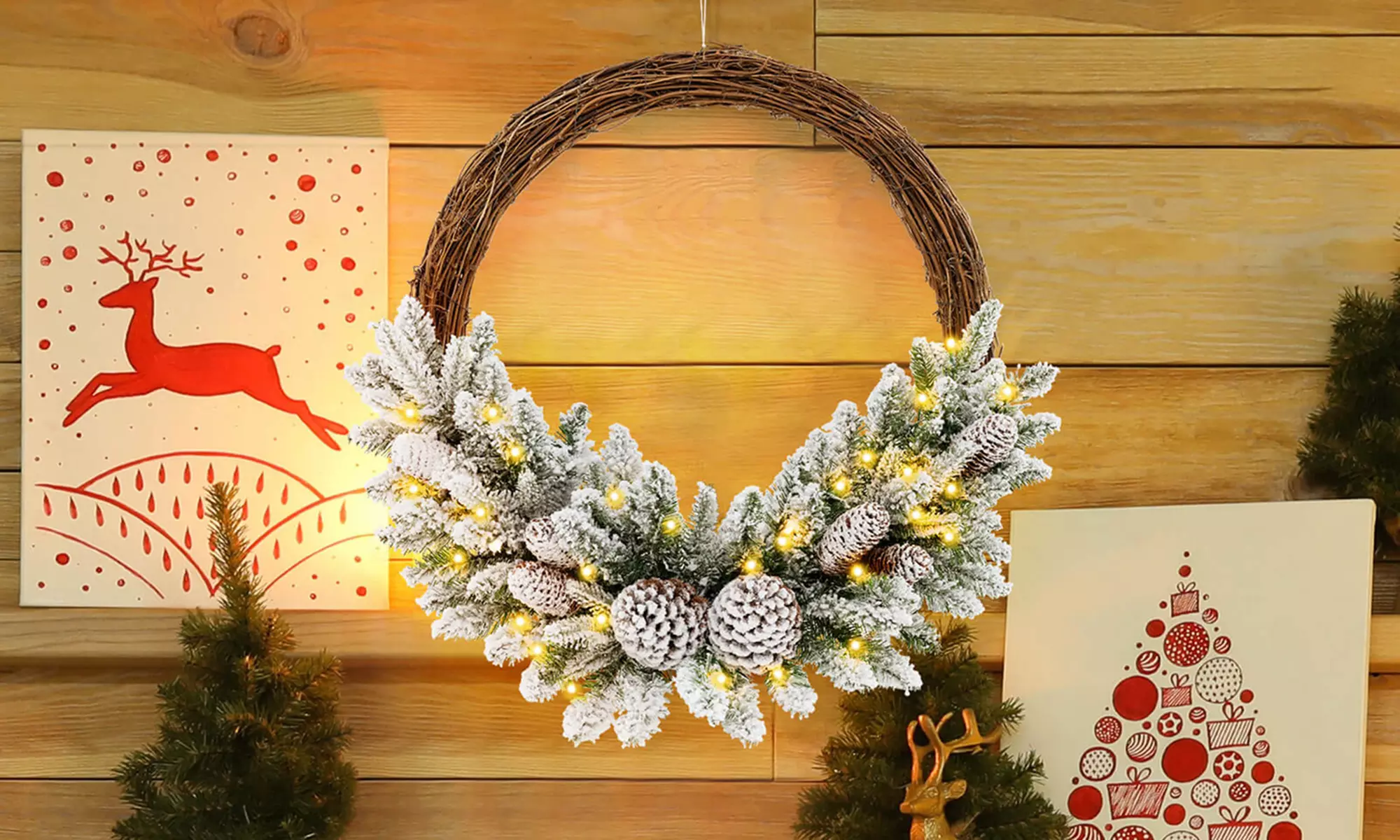 Costway 24" Christmas Wreath with 65 Tips and 8 Pine Cones - 1 or 2 Sets